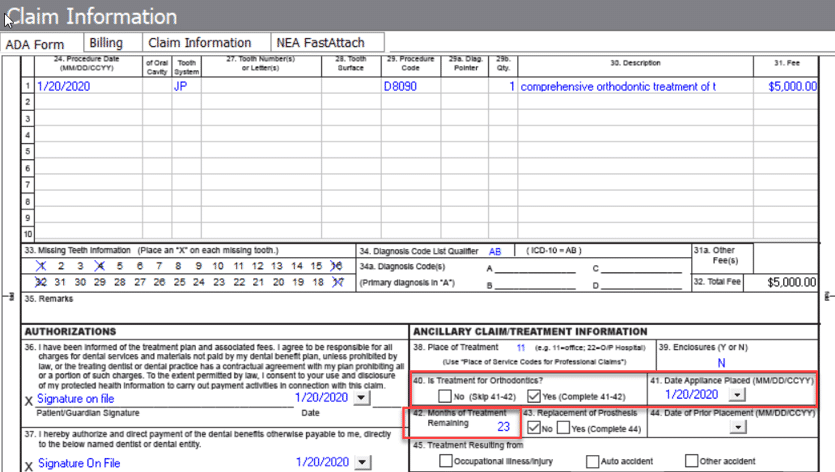implementing orthodontics in claim creation